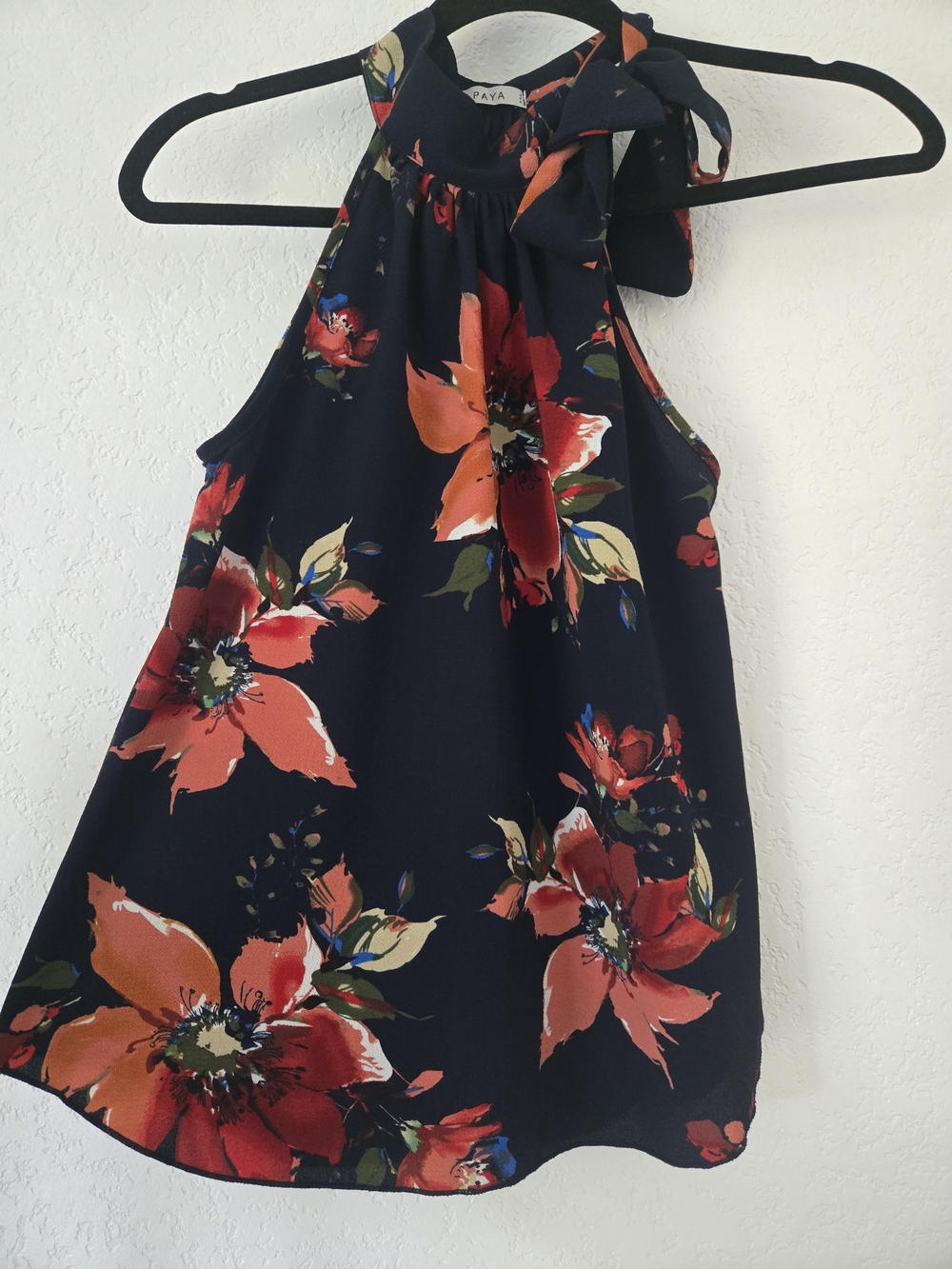 Papaya Navy Halter Floral Tie-Neck Tank with Orange & Red Flowers